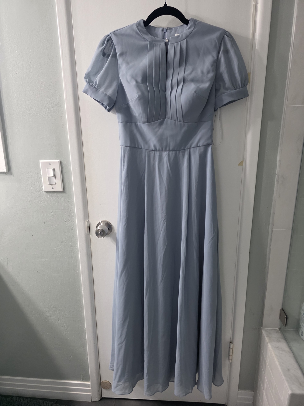 Pale Blue Pleated Maxi Dress with Short Puff Sleeves